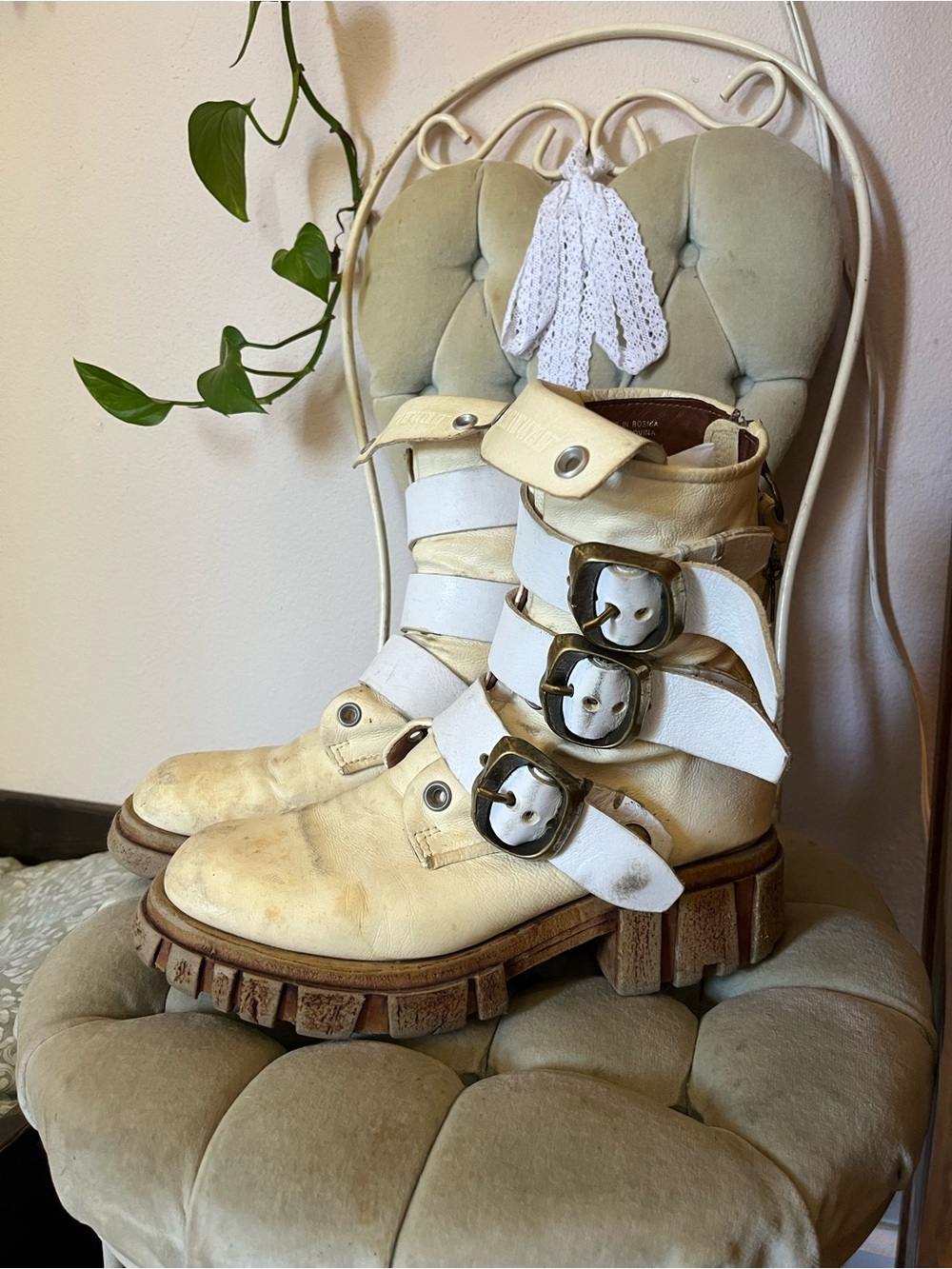 Cream Leather Buckle Combat Boot A.S.98